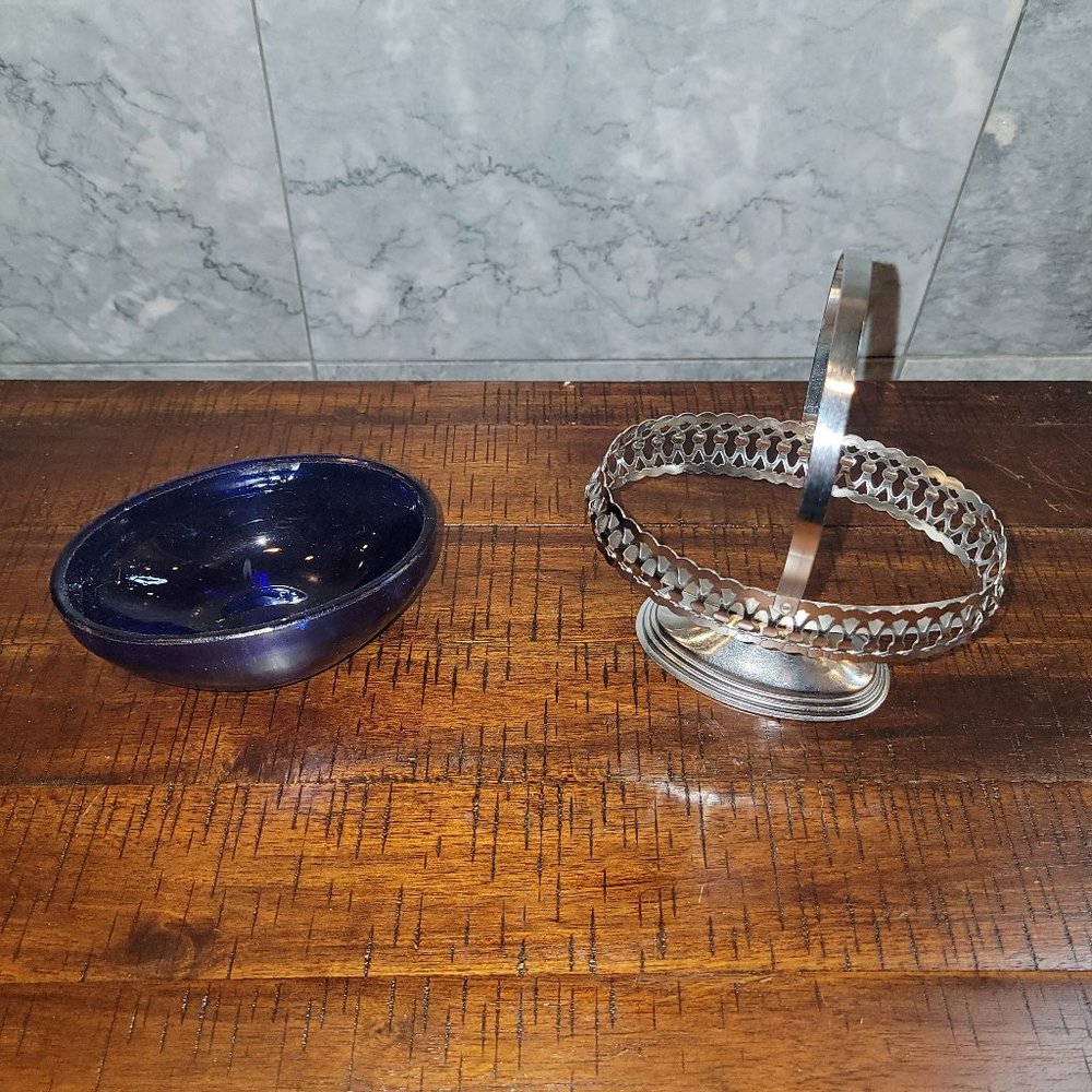 Vintage Cobalt Blue Glass Jam/Condiment/Candy Dish, Chrome Plate Basket Stand - Picture 2 of 4